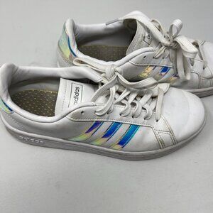 Adidas reflective strips white leather size 8 tennis shoes